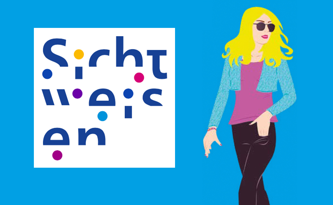 Logo Magazin Sichtweisen, mit blonder Frau in hellblauer Jacke und schwarzer Hose